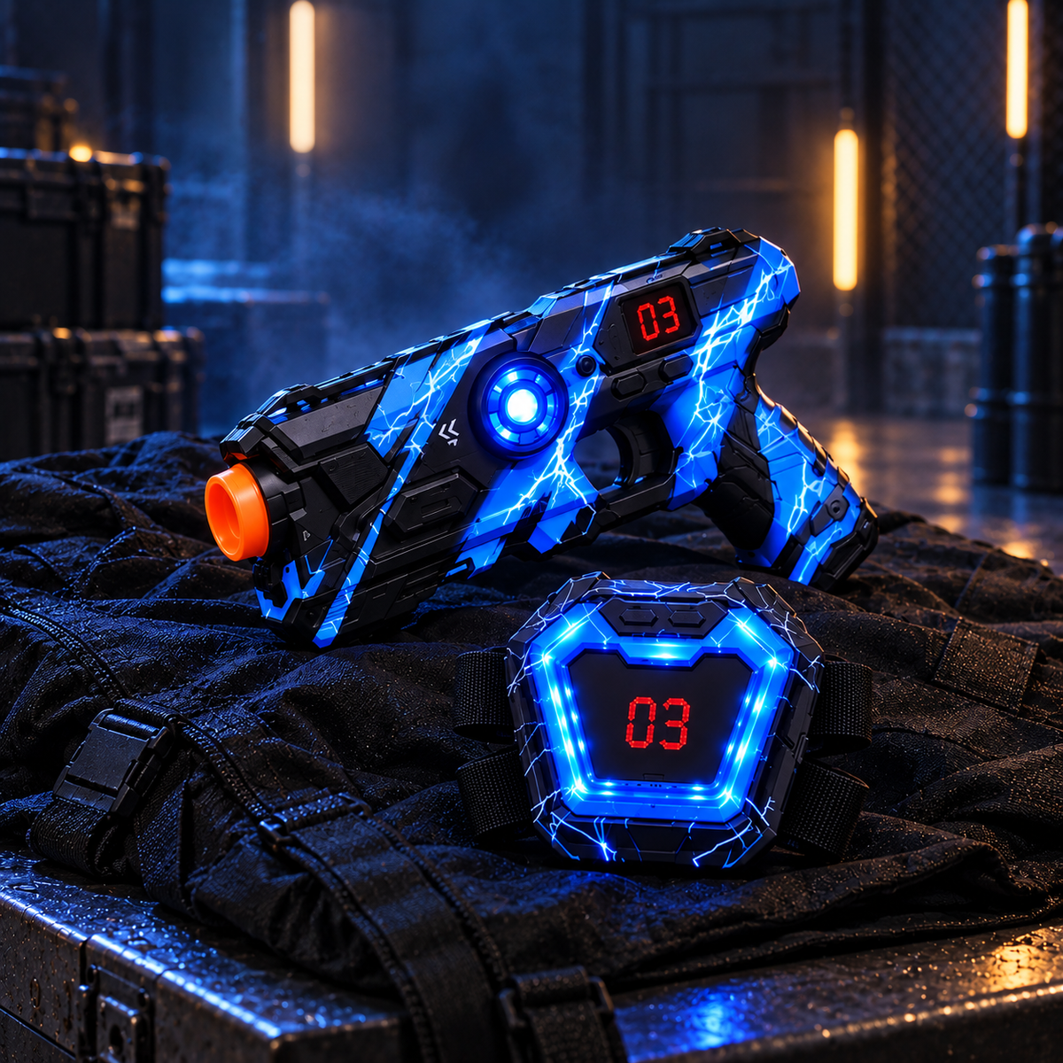 Neon Infrared Laser Tag Set with LED Vests · Lightning Camo Edition · 2–12 Players